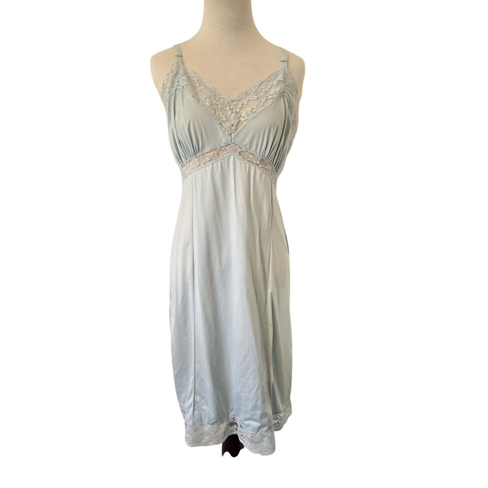 Vtg Gaymode Blue Nylon Slip Dress Nightgown Lace trim coquette CottageCore 36 M